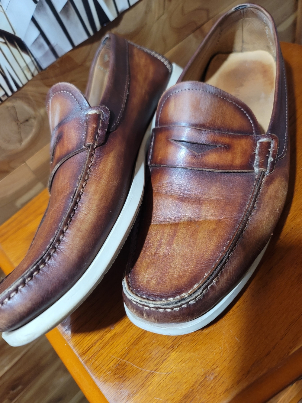 Magnanni Cognac Brown Leather Penny Loafers with White Sole